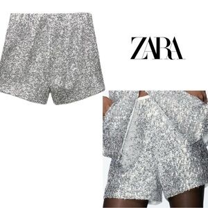 Zara Silver sequin embellished high waist shorts sparkly festive holiday S NWOT